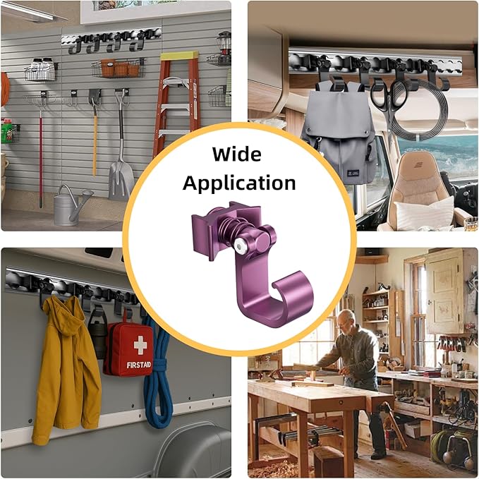 4 Pack L Track Hooks with Single Stud Fitting, Spring-Loaded Adjustable Gear Hook, Aluminum L Track Accessories for Trailer, Truck, Garage, Tie Down System, 100LBS Max Load Capacity – Purple