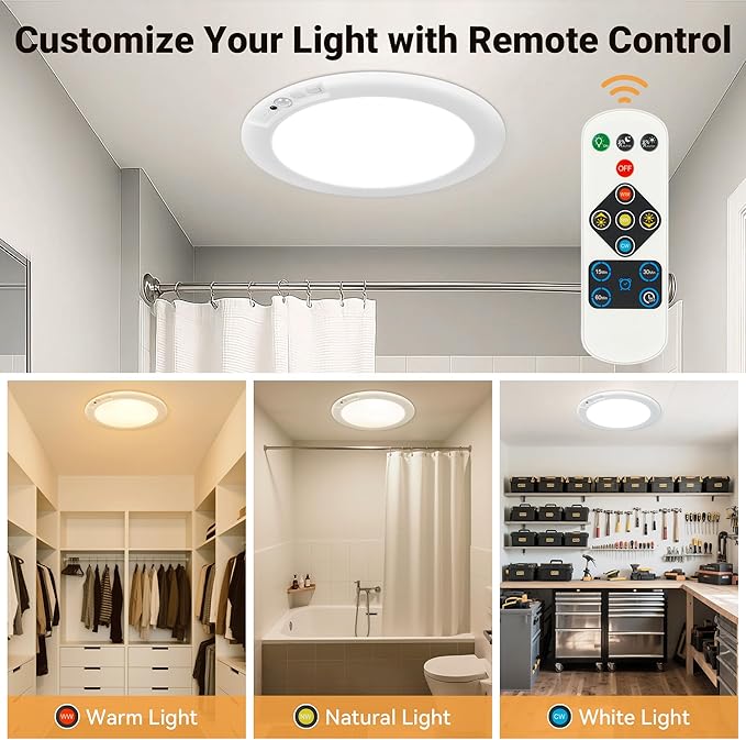 Rechargeable Ceiling Light, No Wiring Battery Operated Ceiling Lights with Remote, Motion Sensor Dimmable Timing Motion Activated Overhead Shower Light for Bathroom Pantry Hallway Porch (8)