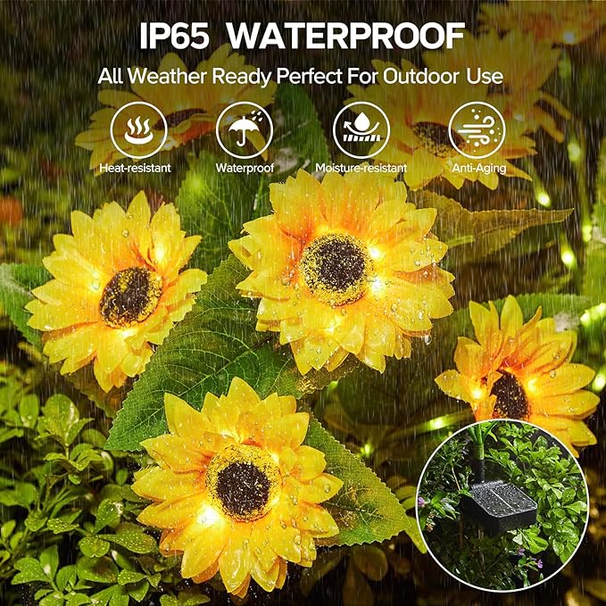 Solar Sunflower Lights Outdoor Waterproof - 6 Pack with 36 Bright Solar Sunflower Lights, IP65 Waterproof Light for Outdoor Flower Bed, Yard, Pathway, Patio Decor - for Mom, Women, Grandma