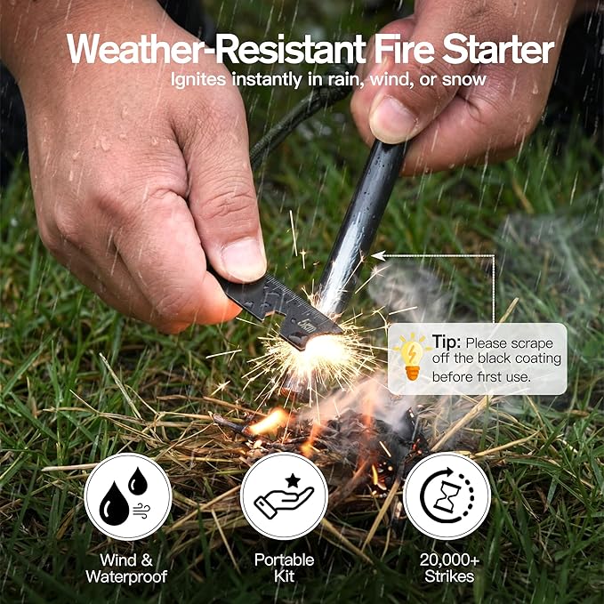 6" x 1/2" Drilled Ferro Rod Fire Starter Kit - Large Ferrocerium Flint and Steel, Multitool Striker & 3-in-1 Survival Whistle (with Compass, Thermometer)-Emergency Gear for Camping, Bushcraft