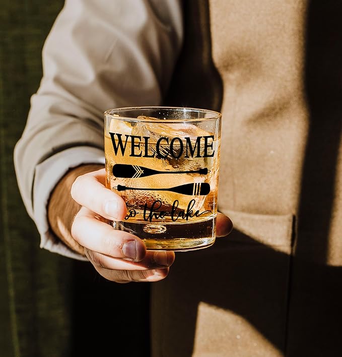 Nogrit Lake House Decor Whiskey Glasses 10 Oz,Welcome To The Lake, Beach Wine Old Fashioned Rocks Glasses Lake House Gifts For Women Men Drinking Cocktail Scotch Vodka Tequila Rum