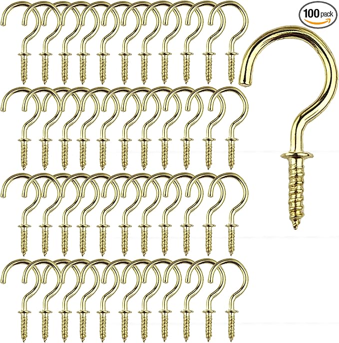 Set of 100 Nickel Plated Metallic Golden Cup Hooks Small Hooks, 1/2 Inch Delicate Size, Threaded Ceiling Hooks, Plant Hooks, Kitchen, and More Multi-Purpose in One.