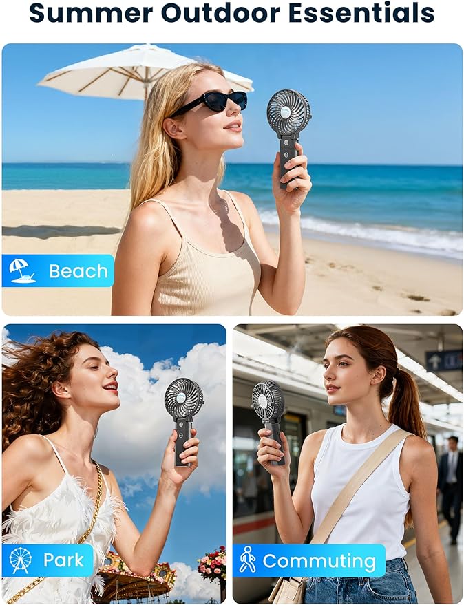 HandFan 5200mAh Portable Handheld Fan, Personal Hand Held Fan USB Rechargeable, 180° Foldable,3 Speeds Strong Airflow Cooling Fan for Travel/Outdoors/Beach/Concerts/Disney/Games/Picnics/Park (Black)