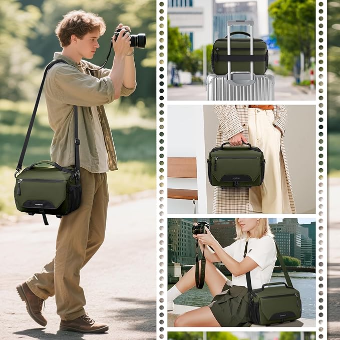 RAINSMORE Camera Bag, DSLR/SLR/Mirrorless Small Camera Sling Bag Waterproof Camera Case with Tripod Holder & Rain Cover Compact Crossbody Camera Bags for Photographers Everyday Shoulder Bags, Green