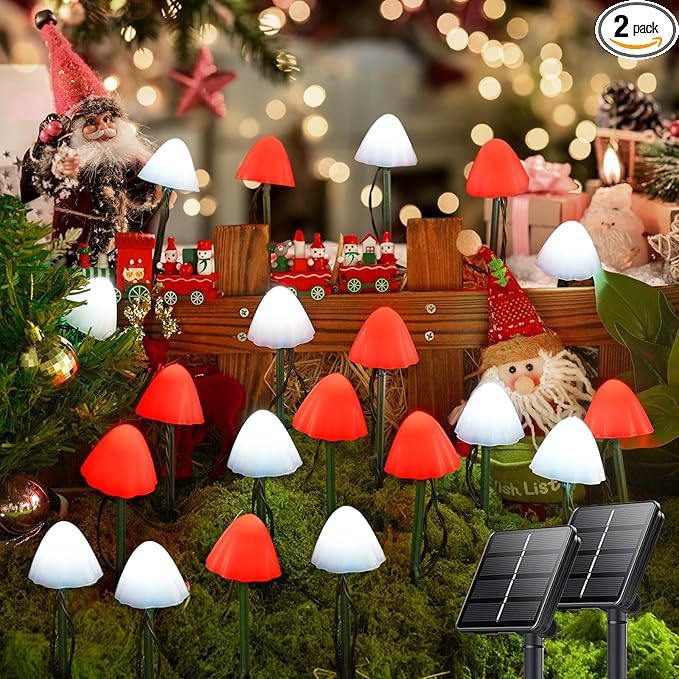 OZS 2PK 32LED 55FT Red and White Christmas Decorations Mushroom Solar Lights, Christmas Lights Outdoor with 8 Lighting Modes, Solar String Lights Waterproof for Outside Yard Party