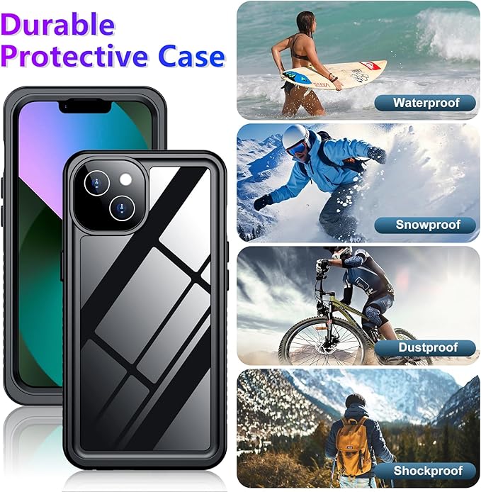Temdan Compatible with iPhone 13 Case Waterproof, Built-in Screen & Camera Protector IP68 Underwater Full Body 13FT Military Dropproof Shockproof Phone Case 6.1"-Black/Clear | Waterproof, Built-in Screen, Camera Protector, IP68, Underwater, Full Body