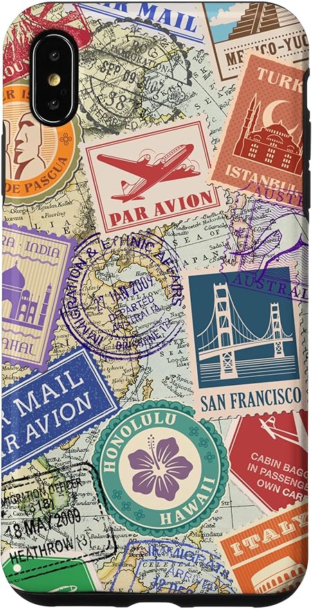 World Map Travel Passport Stamps Postage Stamp Case for iPhone Xs Max
