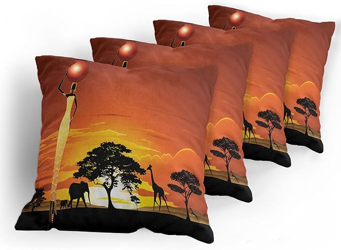Ambesonne Elephant Throw Pillow Cushion Case Pack of 4, Woman and Wild Landscape with Animals, Modern Accent Double-Sided Digital Printing, 18", Orange Black