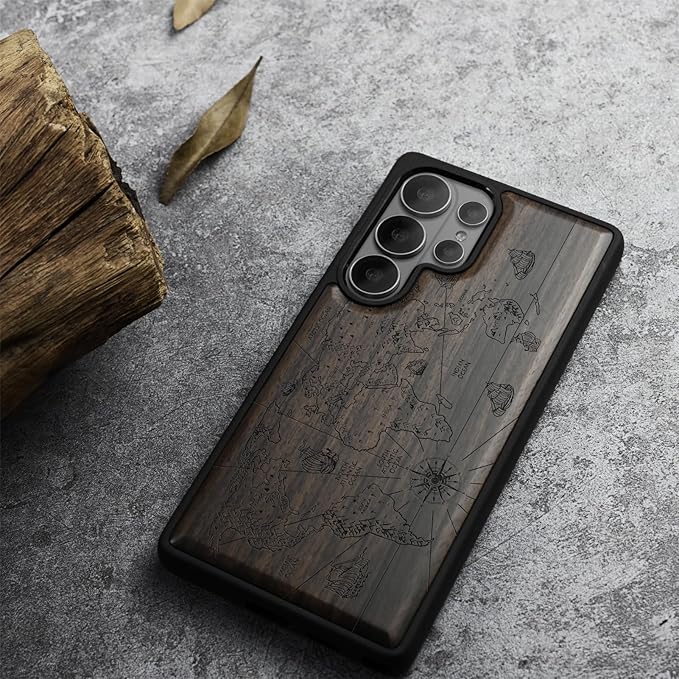 Carveit Magnetic Wooden Case for Samsung Galaxy S26 Ultra Case 2026, TPU Shockproof Cover & Wood Artisan Engraved, Compatible with MagSafe Wireless Chargers (World Map) Blackwood