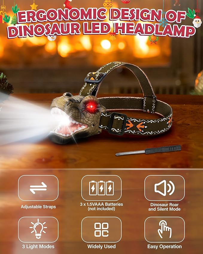 LED Dinosaur Headlamp for Kids, Children's Toy Flashlight T-Rex Dinosaur Toys for Age 3 4 5 6 7 8 9 Years Old Kids, Camping Hiking Gear for Boys(Brown)