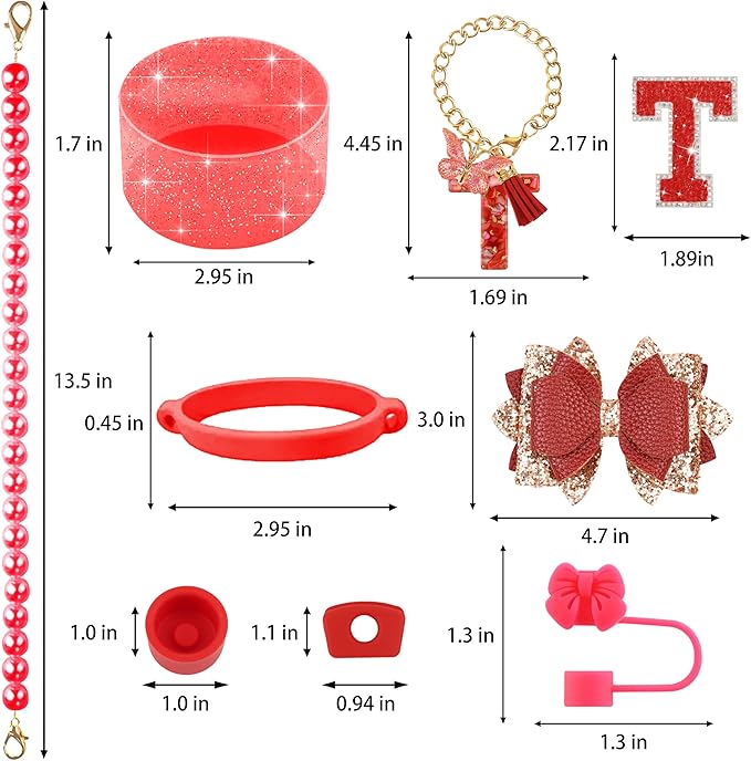 9PCS Red for Stanley Cup Accessories Set Bling Initials Bow Charms for Stanley Decorations 30/40 Oz Tumbler Accessories Including Bow Straw Topper, Handle Strap, Spill Stopper（Letter T）