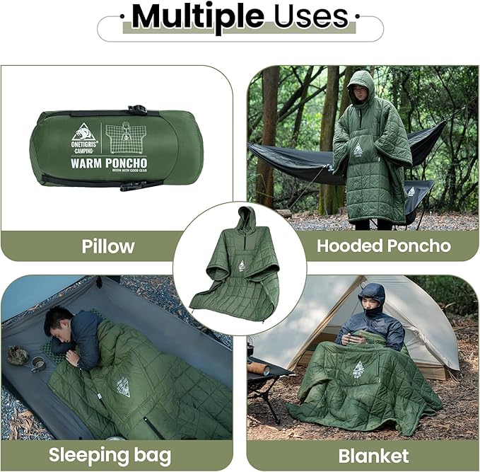 ONETIGRIS Camping Blanket with with Recycled Synthetic Insulation,Wearable Hoodie Blanket | Ultralight Water-Resistant Warm Camping Blanket for Outdoor, Hiking, Stadium