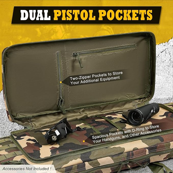 DULCE DOM 36 42 48 Inch Double Rifle Case, Tactical Soft Padded Backpack for Hunting & Shooting Range, Heavy-Duty Storage Gun Bag for 2 Rifles & Pistols with Lockable Zippers & MOLLE System