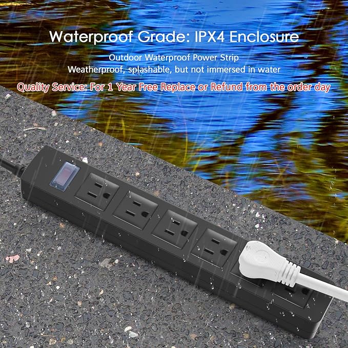 Outdoor Power Strip Waterproof with 6 Outlets, Garden Weatherproof Surge Protector, Christmas Multiple Outlet Exterior Socket for Lighting Appliances. 25FT Extension Cord Strip with Flat Plug. Black