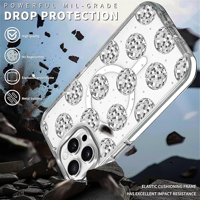 Case for iPhone 13 Pro,[Compatible with MagSafe],Disco Ball Grayish White Phone Case Design，for Women Girls Magnetic Clear Cover - Slim, Sleek, & Shockproof Protection
