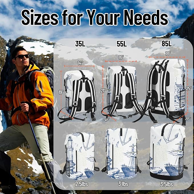 Waterproof Dry Bag Heavy Duty Marine Dry Bags for Kayaking Hiking Anchor Nautical Lighthouse Backpack Roll-Top Closure Bag - Backpack Waterproof Phone Case 35L/55L/85L