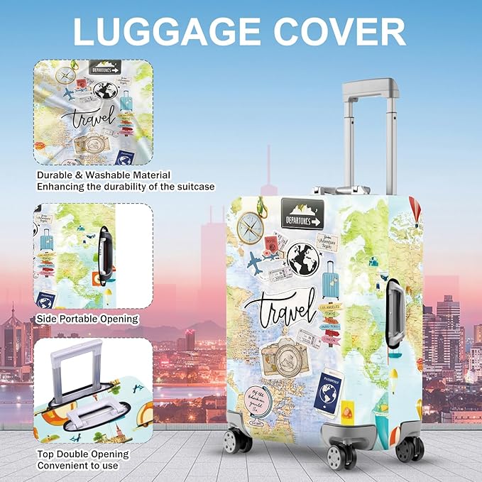 ANNA QUEEN Travel Collage Luggage Cover, World Map & Sticker Style Suitcase Protector for 28-30 Inch Travel Bags