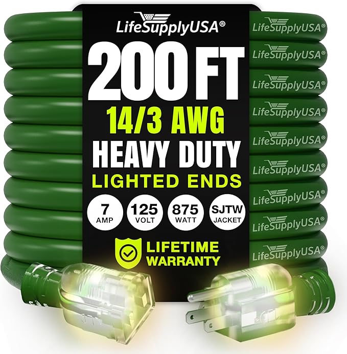 200ft Outdoor/Indoor Extension Cord 14/3 Gauge Heavy Duty 3 Prong SJTW, Waterproof, Flexible Cold-Resistant Long Power Cord,7A 125V 875W, Green by LifeSupplyUSA