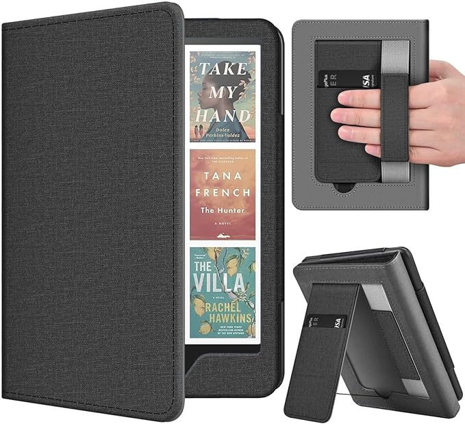 TNP Stand Case for Kindle Paperwhite 12th Generation 2024 / Kindle Colorsoft Signature Edition with Hand Strap & Card Slot - 7" PU Leather Protective Folio Cover with Auto Wake/Sleep, Black