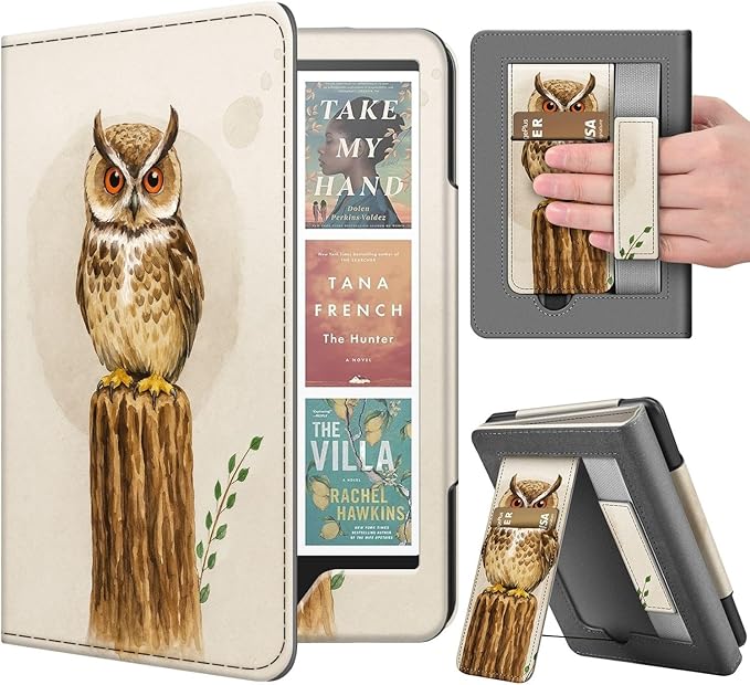TNP Stand Case for Kindle Paperwhite 12th Generation 2024 / Kindle Colorsoft Signature Edition with Hand Strap & Card Slot - 7" PU Leather Protective Folio Cover with Auto Wake/Sleep, Owl in The Tree