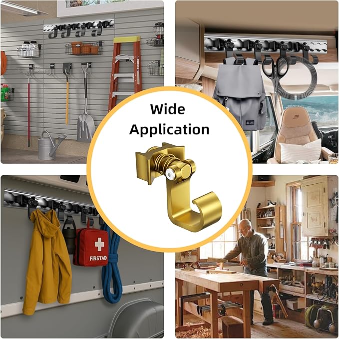 4 Pack L Track Hooks with Single Stud Fitting, Spring-Loaded Adjustable Gear Hook, Aluminum L Track Accessories for Trailer, Truck, Garage, Tie Down System, 100LBS Max Load Capacity – Gold