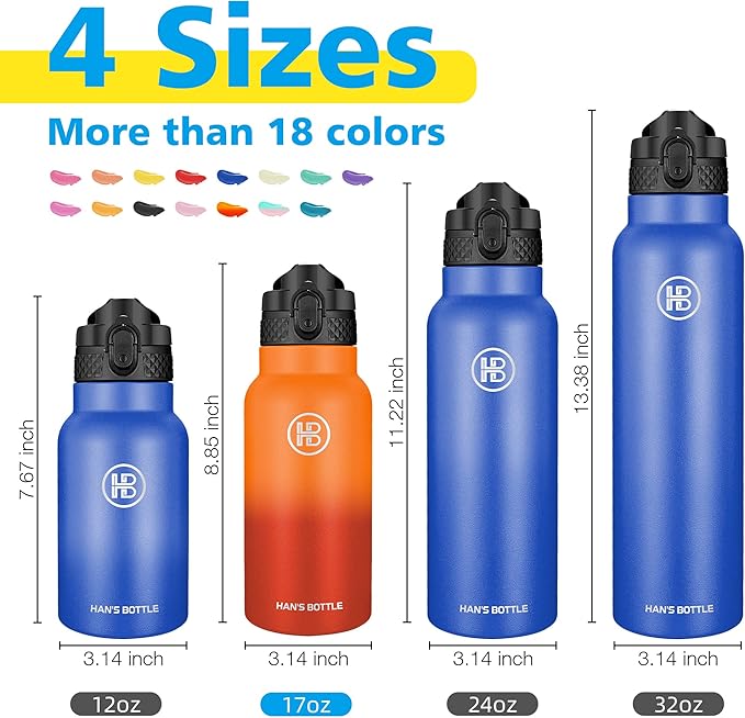Han's Bottle Kids Water Bottle with Straw Lid - Insulated Stainless Steel Reusable Tumbler for Girls,Boys,Thermo Mug,17oz,Fire