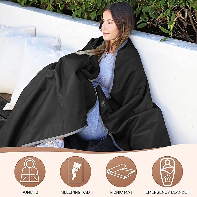 Tirrinia Waterproof Outdoor Blanket with Sherpa Lining, Windproof Triple Layers Warm Comfy Foldable for Camping Stadium, Beach, Picnic, Grass, Concerts, Car, Dog, 51''X 59'' & 59''X 80''