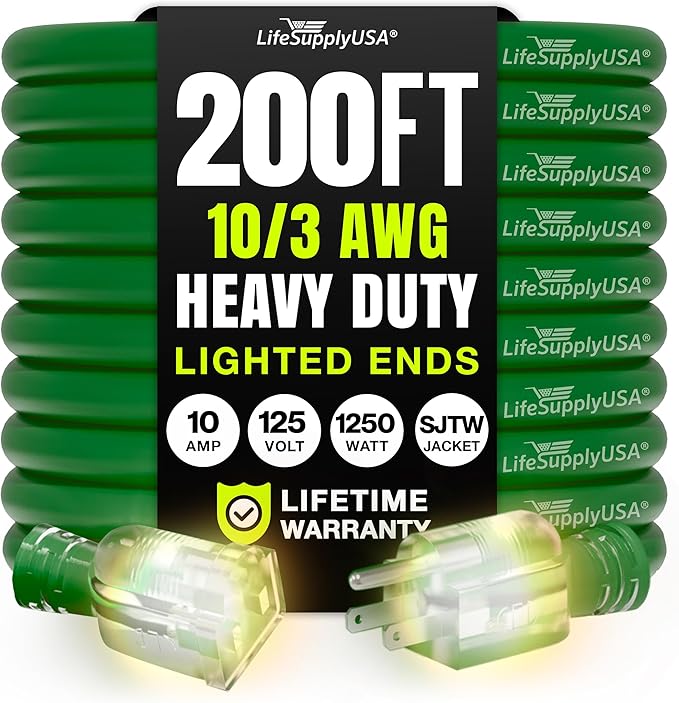 200ft Outdoor/Indoor Extension Cord 10/3 Gauge Ultra Heavy Duty 3 Prong SJTW, Waterproof, Flexible Cold-Resistant Long Power Cord,10A 125V 1250W, Green by LifeSupplyUSA