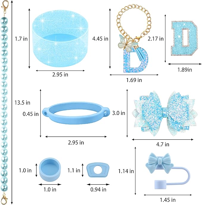 9PCS Blue for Stanley Cup Accessories Set Bling Initials Bow Charms for Stanley Decorations 30/40 Oz Tumbler Accessories Including Bow Straw Topper, Handle Strap, Spill Stopper（Letter D）