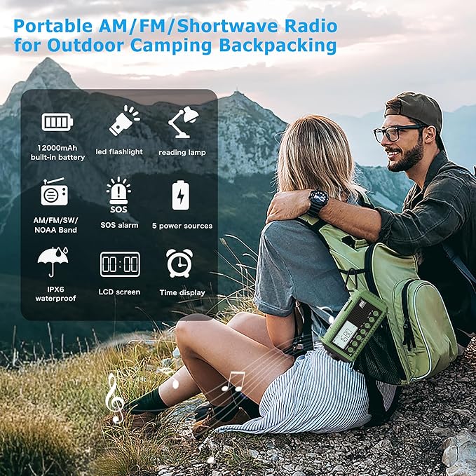 Eoxsmile NOAA Weather Radio 12000mAh - Emergency Radio Hand Crank Solar Battery Operated Portable AM/FM Shortwave Radio with USB-C Charger, Flashlight, SOS Alert for Home Outdoor Hurricane Survival