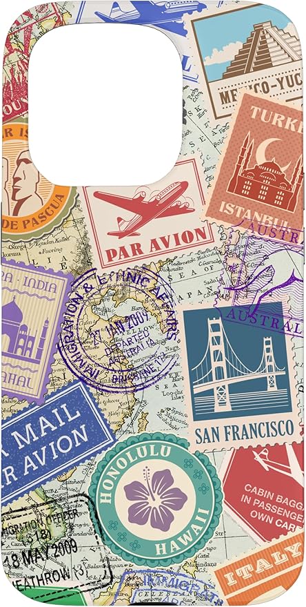 World Map Travel Passport Stamps Postage Stamp Case for iPhone 15 Pro
