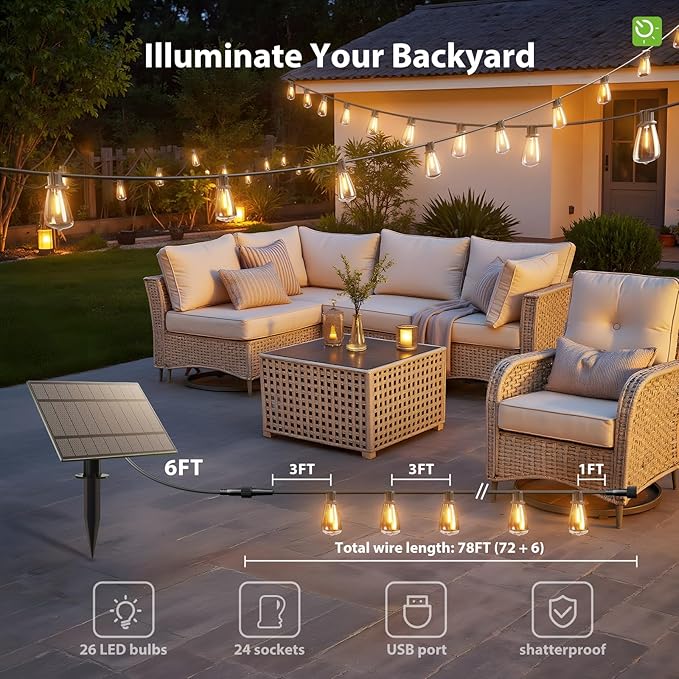 KYY 78FT(72+6) Solar String Lights Outdoor with USB Port Remote Control, LED Waterproof Solar Powered Patio with 24 Sockets, Heavy-Duty and UL Listed Porch Market Lights