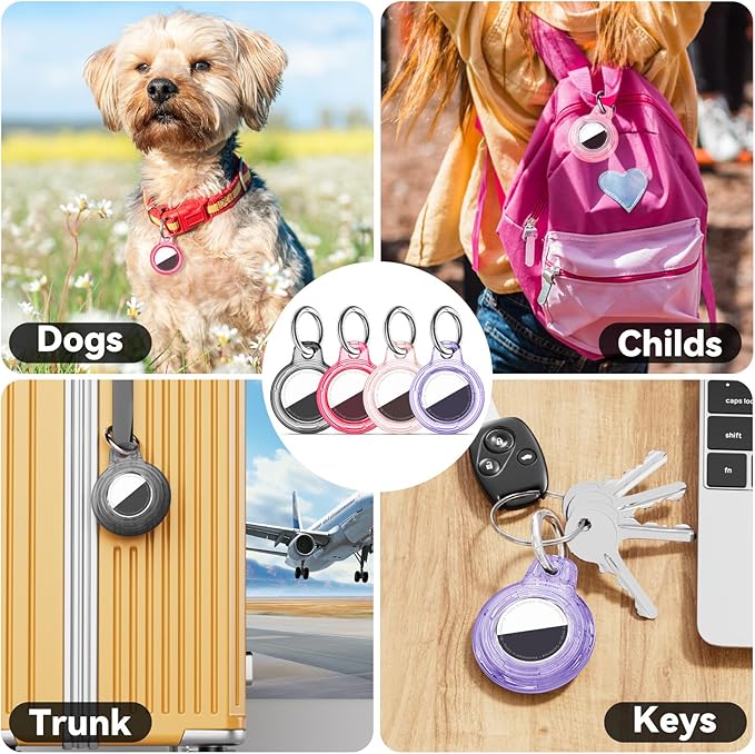 for Apple AirTag 2nd & 1st Gen, Waterproof Case for AirTag Holder Keychain,GPS Tracker Cover for Dog,Car Key,Luggage-B65-Black+Red+Pink+Purple