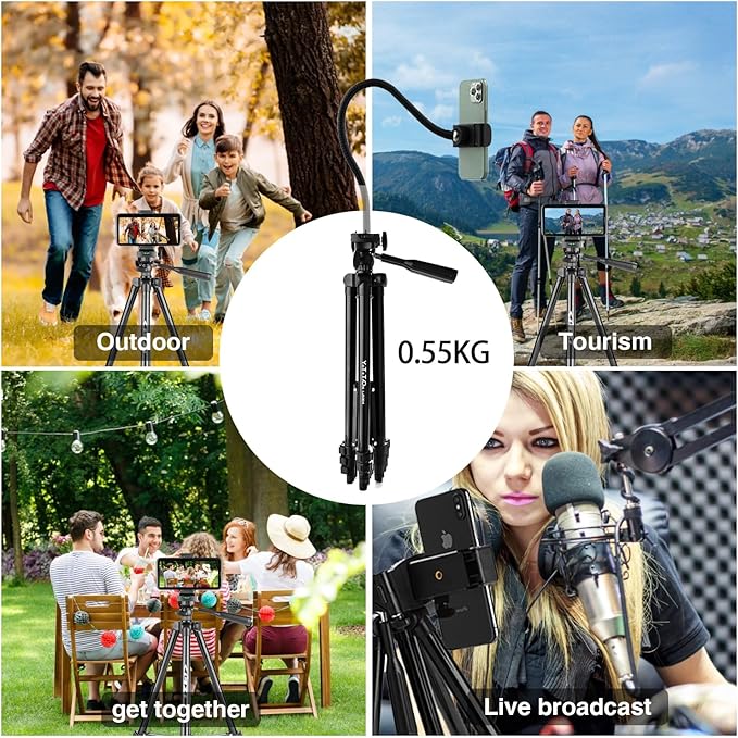 65" Aluminum Phone & Camera Tripod with Gooseneck Stand, Extendable Cell Phone Tripod Stand Compatible with iPhone/Android/Action Camera is Perfect for Live Streaming/Video Recording/Selfies
