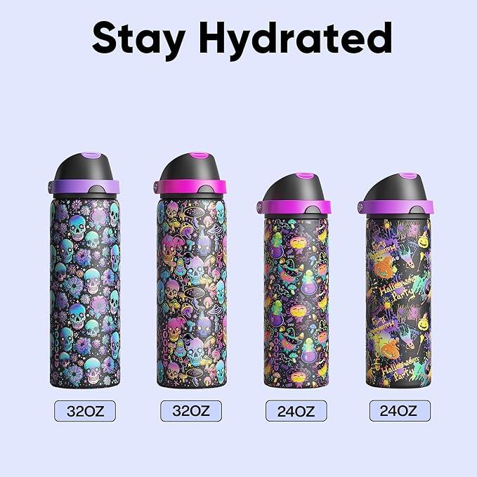 Insulated Water Bottle with Straw - Encool Stainless Steel Water Bottle with Push Button Lid, Leak-Proof & BPA-Free, Keeps Cold for 24 Hours for Sports, Travel, Gym (32 oz, Meowgic Night)