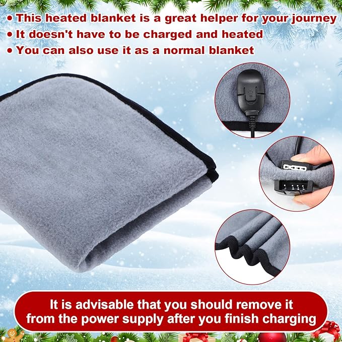 Tuanse 16 x 16 Inches Car Electric Blanket 12 Volt Heated Car Blanket with Temperature Controller and Black Storage Bag Cold Weather Tailgating and Emergency Kit(Grey,Blank)
