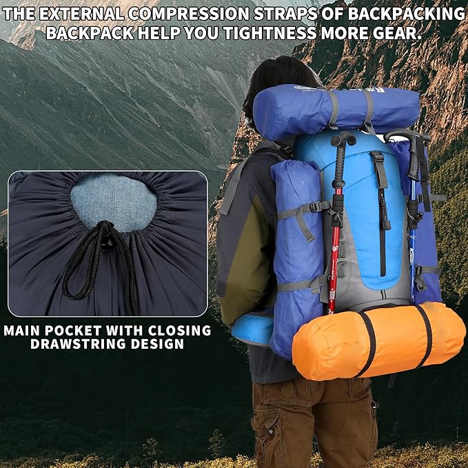 75L Hiking Backpack with Rain Cover Waterproof Camping Backpack Shoes Warehouse for Men Women, Frameless