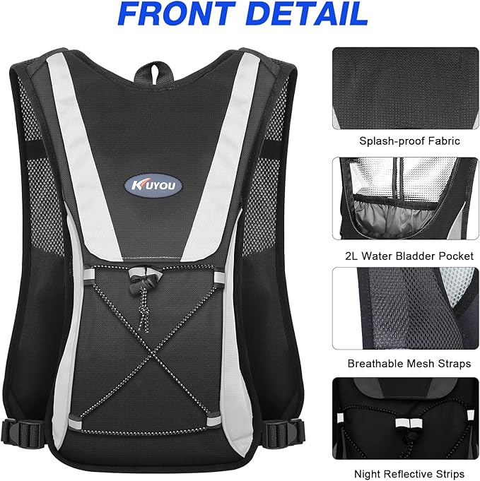 KUYOU Running Hydration Vest - Lightweight Insulated Hydration Backpack with 2L Water Bladder, Adjustable Chest Straps and Reflective Water Backpack for Running Marathon Race Hiking Cycling