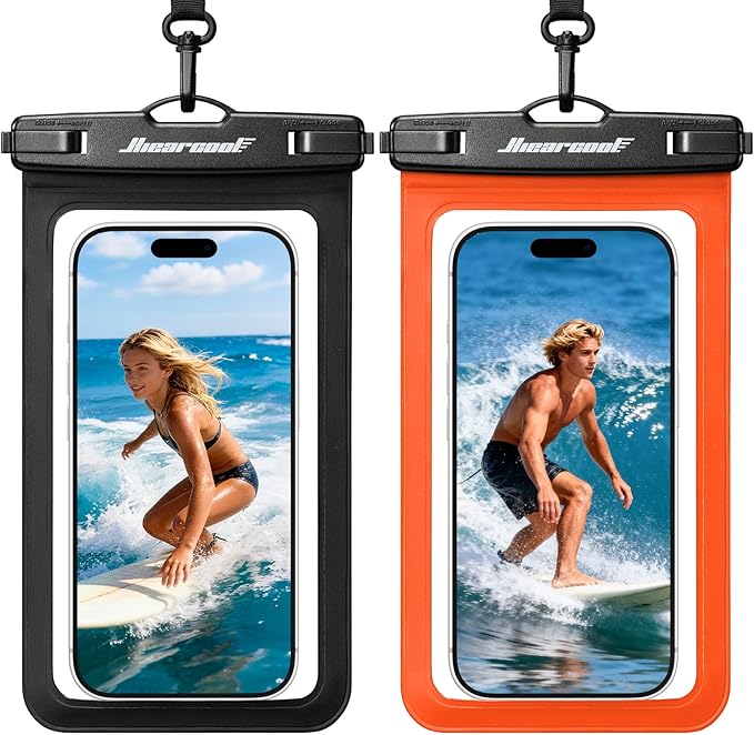 Hiearcool Waterproof Phone Pouch, Waterproof Phone Case, Waterproof Cellphone Pouch Under Water Beach Accessories for iPhone -Black&Orange -2Pack