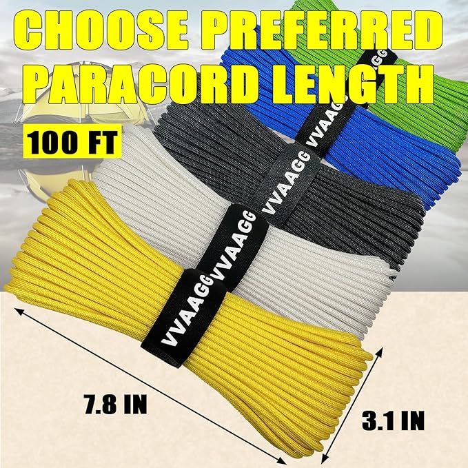 VVAAGG 1000 Yellow Paracord 100FT Utility Parachute Cord 4mm Nylon String12 Strand Nylon Camping Rope, Tent Rope, Clothsline Rope for Survival & Camping Gear