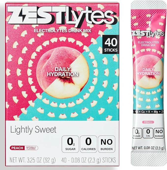 40 Sticks Sugar Free & 0 Calorie Electrolyte Hydration Packets, Low Sodium Lightly Sweet Electrolyte Powder Drink Mix, Liquid Daily IV Flavors | Peach