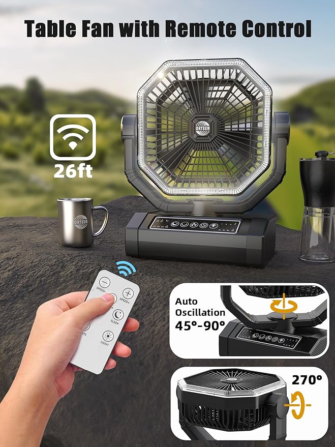 Portable Rechargeable Fan - 9-Inch Camping Fan for Tent, 24000mAh(60Hrs) Battery Operated Fan for Camping, Auto Oscillation Cordless Fans, Tent Fans with Remote/Light, 4 Speeds, 4 Timing, Outdoor