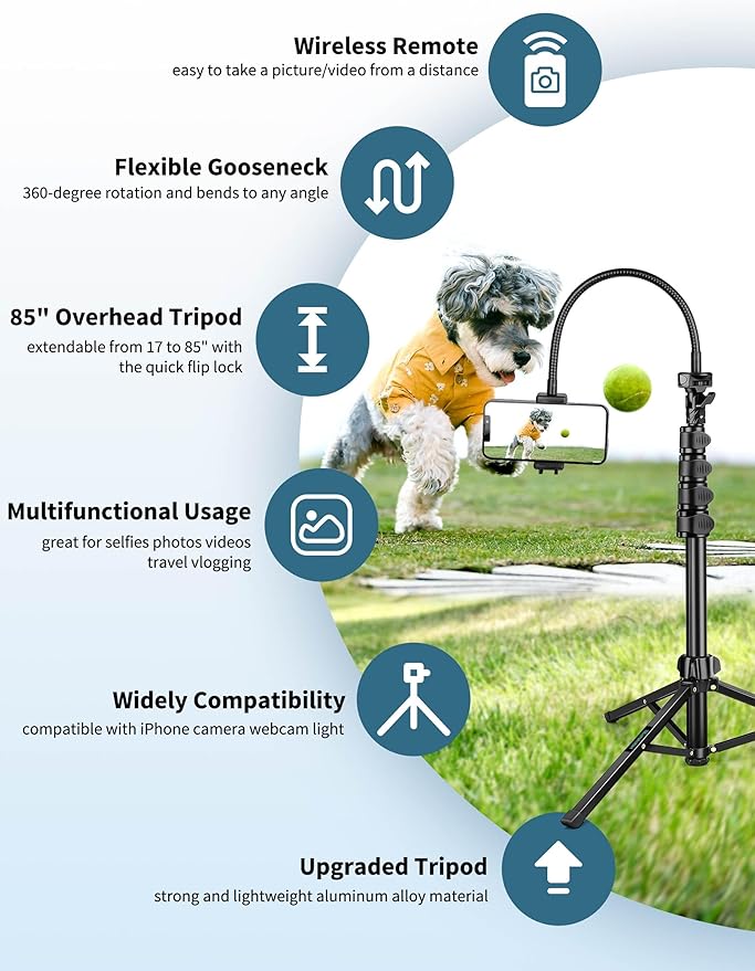 Nineigh Phone Tripod, 85" Tripod for Cell Phone iPhone with Gooseneck, Aluminum Tripods Stand for Video Recording Photo Vlog, Travel Cellphone Tripod with Remote Compatible with iPhone Android