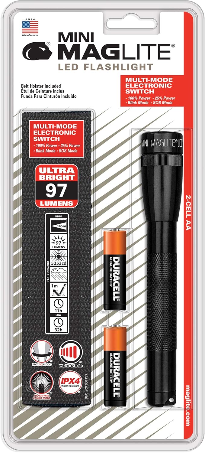 MagLite Mini LED 2-Cell AA Flashlight – High-Powered Compact LED Light with Multi-Mode Function, Water-Resistant Aluminum Build, Adjustable Beam, Includes Batteries & Holster – Black
