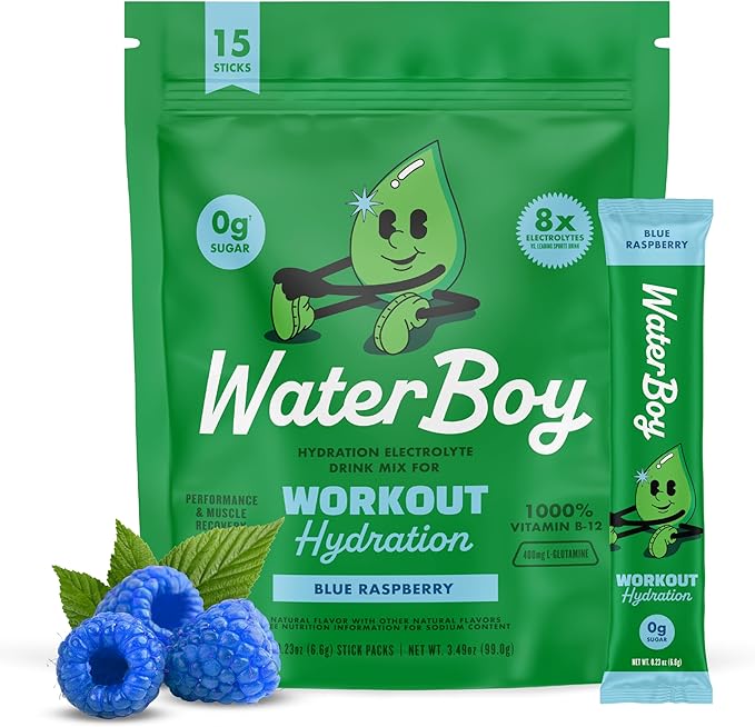 Waterboy Workout Hydration | 2,960mg Sugar Free Electrolyte Powder Packets | L-Glutamine + Vitamins | No Sugar, All Natural, Gluten Free | 15 Drink Stick Mixes (Blue Raspberry)