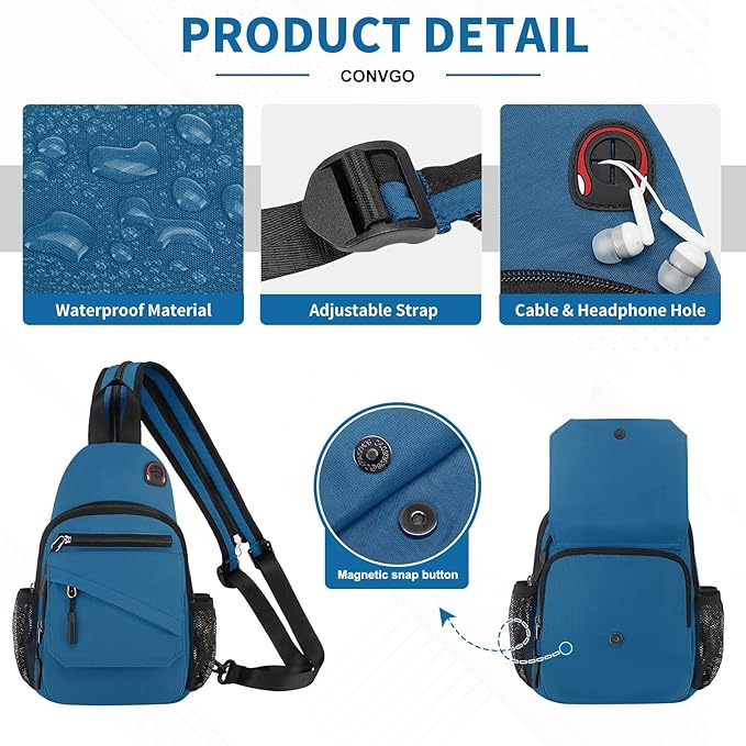 Small Crossbody Bag Casual Sling Bag for Men, Convertible Backpack, 3-in-1 Anti-Theft Shoulder Bag Trendy Daypack for Travel, Blue Grey