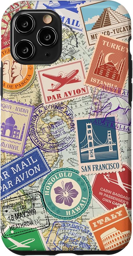 World Map Travel Passport Stamps Postage Stamp Case for iPhone 11 Pro