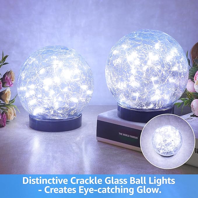 ASOMST 2-Pack Garden Solar Lights Outdoor, Cracked Glass Ball Light Waterproof, Decorative Solar Powered Globe Lighting Cool White for Yard Pathway