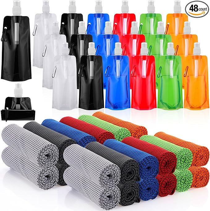 Teenyyou 48 Collapsible Water Bottles Bulk 16 oz with Carabiner Clip Cooling Towels 40'' x 12'' Reusable Leak Proof Water Bottles Mixed Color Ice Towel for Sports Biking Hiking Outdoor (6 Colors)