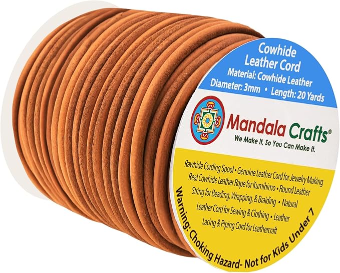 Mandala Crafts Round Genuine Rust Leather Cord for Jewelry Making – 3mm Cowhide Leather Rope String Lace for Kumihimo – 20 Yards Cowhide Craft Cording Spool